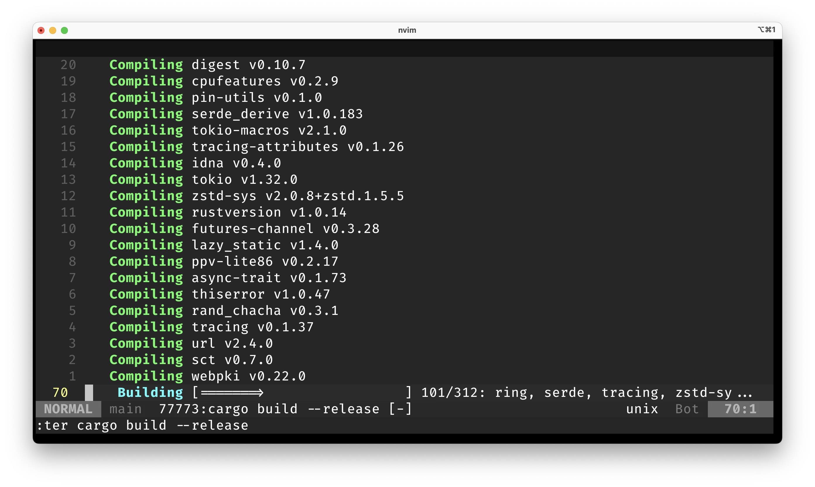 Compiling a Rust project within Vim’s terminal with  <code>:ter cargo build --release</code>